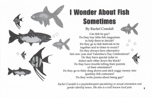 From February 1998: An image of the poem, "I Wonder About Fish Sometimes" By Rachel Crandall

Can fish be gay?
DO they buy little fish magazines
To help them to decide?
Do they go to fish festivals to be
Together and to listen to music?
Do they always have alternative
Fish new years and Valentine’s Day Celebrations?
Do they have special radar to
Detect each other down the block?
Do they have trouble telling their parents
Of their orientation?
Do they go to fishy drag shows and stick soggy money into
Sparkley fish costumes?
Do they write poems about being gay?
Rachel Crandall is a psychotherapist specializing in sexual orientation and gender identity issues. She also is a well-known local poet.